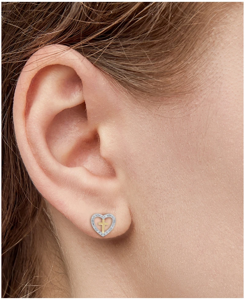 Diamond Heart & Cross Stud Earrings (1/10 ct. t.w.) in Sterling Silver & 14k Gold-Plate