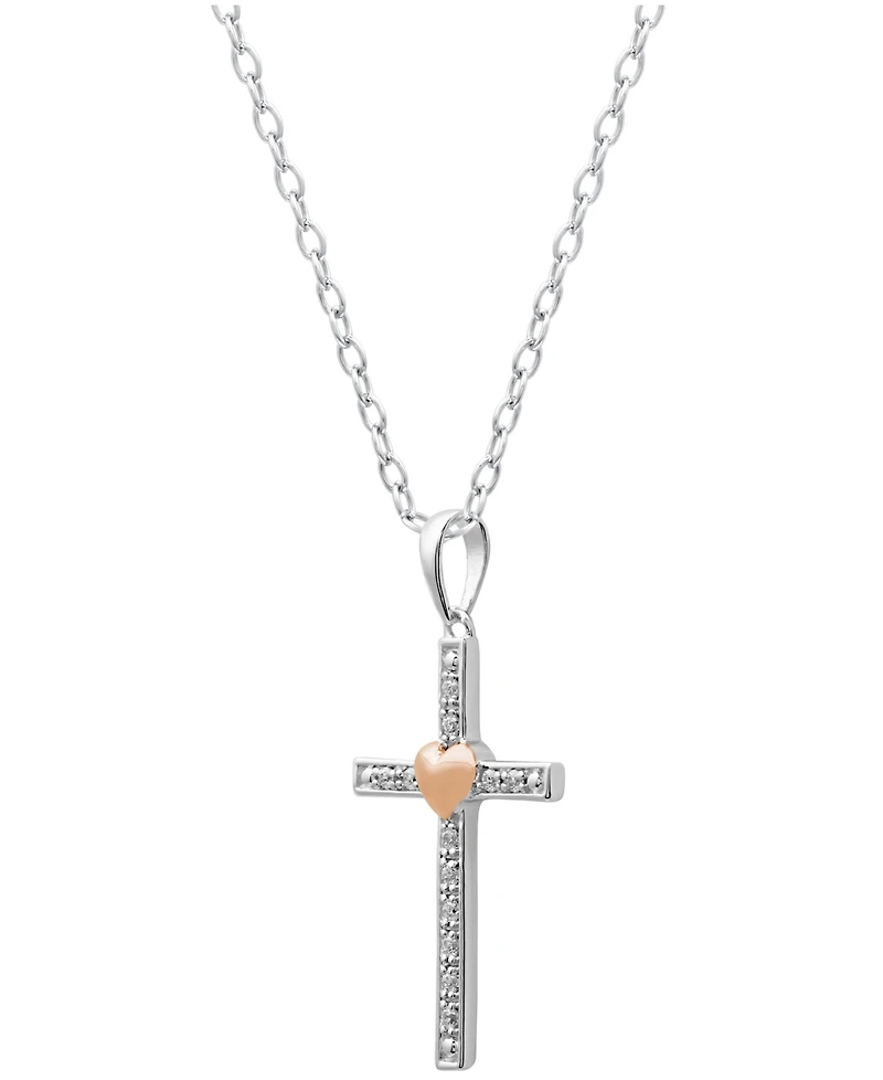 Diamond Two-Tone Cross Pendant Necklace (1/10 ct. t.w.) in Sterling Silver with 18k Rose Gold-Plated Sterling Silver Accent
