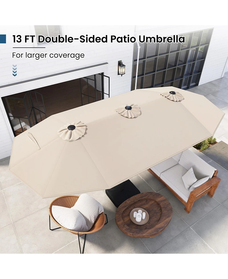 13FT Double-sided Patio Umbrella with Solar Lights Crank Handle Base