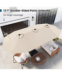 13FT Double-sided Patio Umbrella with Solar Lights Crank Handle Base