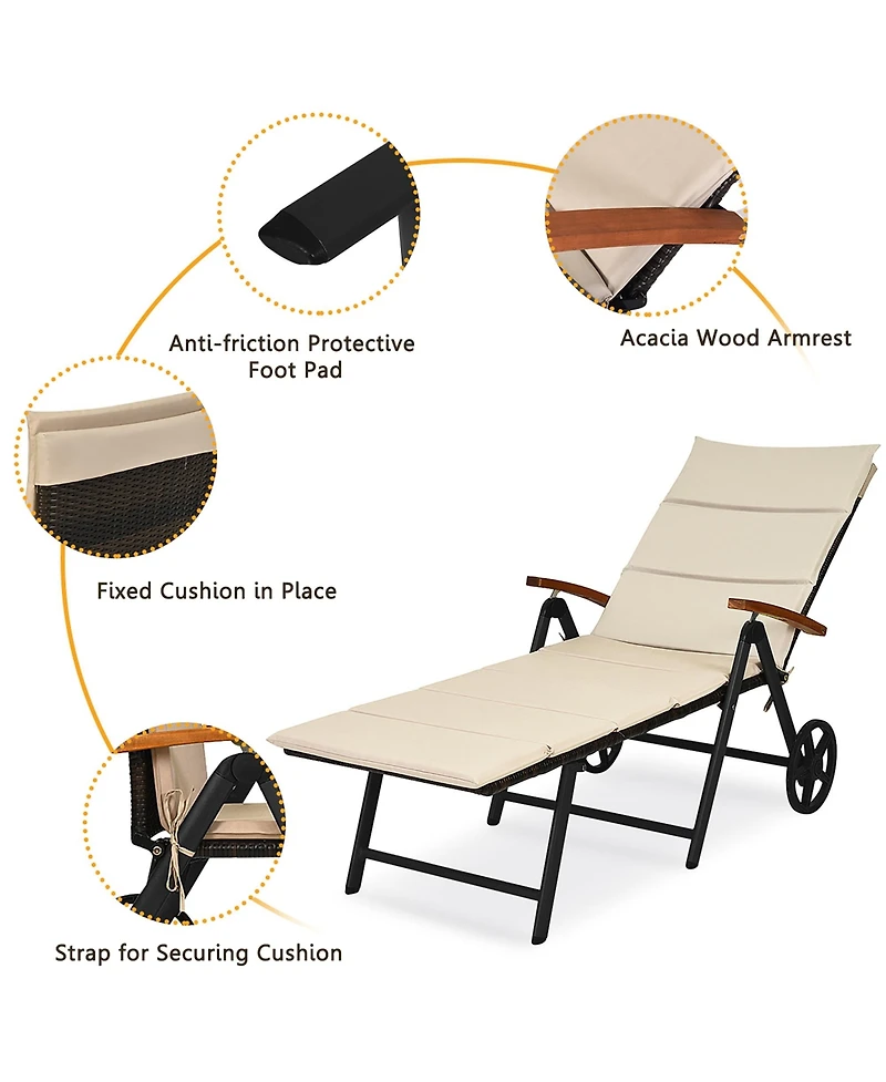 Costway Folding Patio Rattan Lounge Chair Chaise Cushioned Aluminum Adjust Wheel