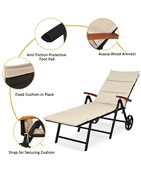 Costway Folding Patio Rattan Lounge Chair Chaise Cushioned Aluminum Adjust Wheel