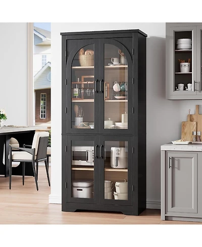70" Tall Arch Glass Pantry Cabinet, 4-Door Display Storage with Adjustable Shelvesfor Kitchen, Dining Room, Living Bathroom
