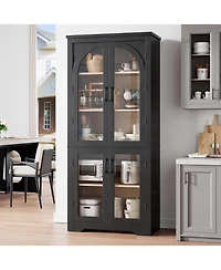 70" Tall Arch Glass Pantry Cabinet, 4-Door Display Storage with Adjustable Shelvesfor Kitchen, Dining Room, Living Bathroom