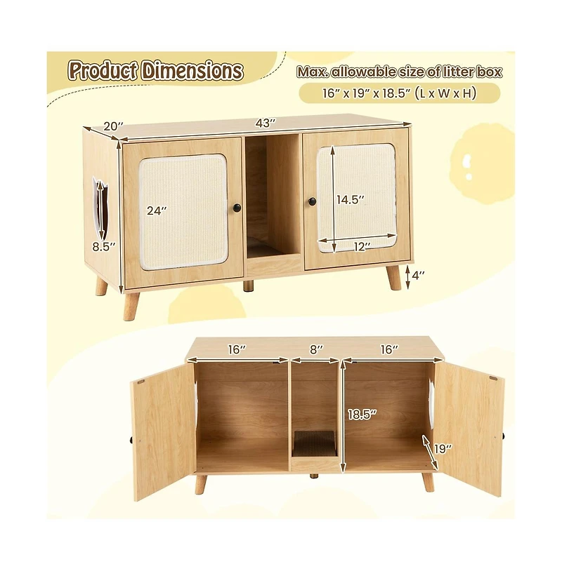 Ruie Cat Litter Box Enclosure with Double Rooms and 2 Sisal Scratching Mats