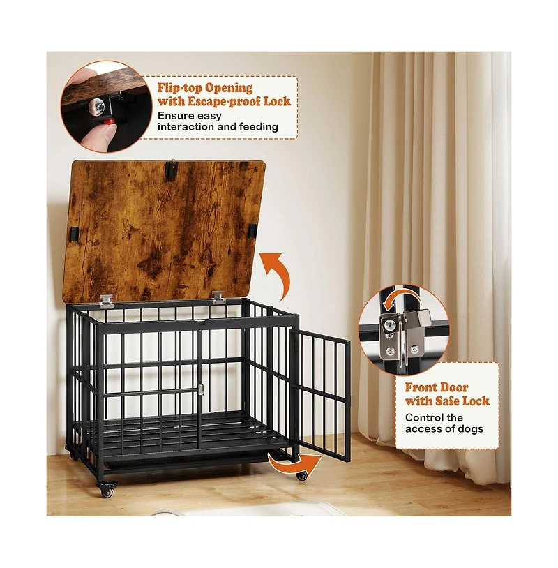 Ruie Foldable Dog Crate Furniture End Table Removable Tray Lockable Door Wheels