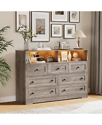 gaomon 7-Drawer Dresser with Led Lights & Charging Station, Wooden Chest with Open Storage for Bedroom