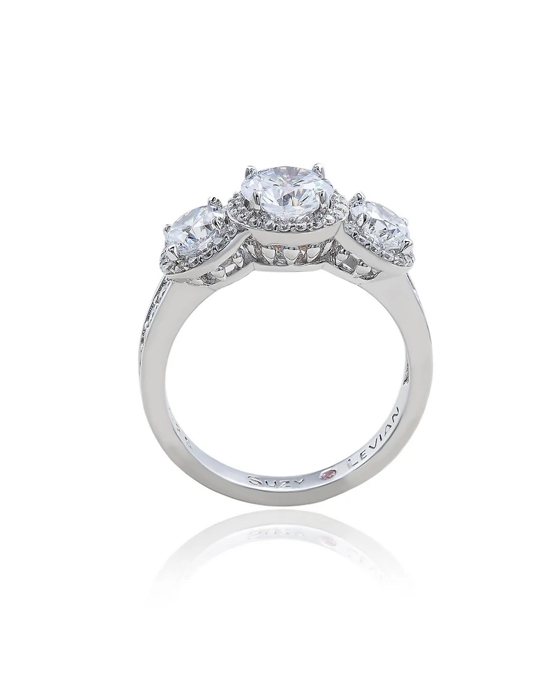 Suzy Levian Sterling Silver Cubic Zirconia White Three Stones Halo Center Stone Ring