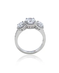 Suzy Levian Sterling Silver Cubic Zirconia White Three Stones Halo Center Stone Ring