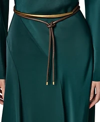 Satin Long Sleeve Cowl Neck Belted A-Line Dress