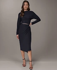 Two-Piece Long Sleeve Draped Top & Pencil Skirt Set with Belt