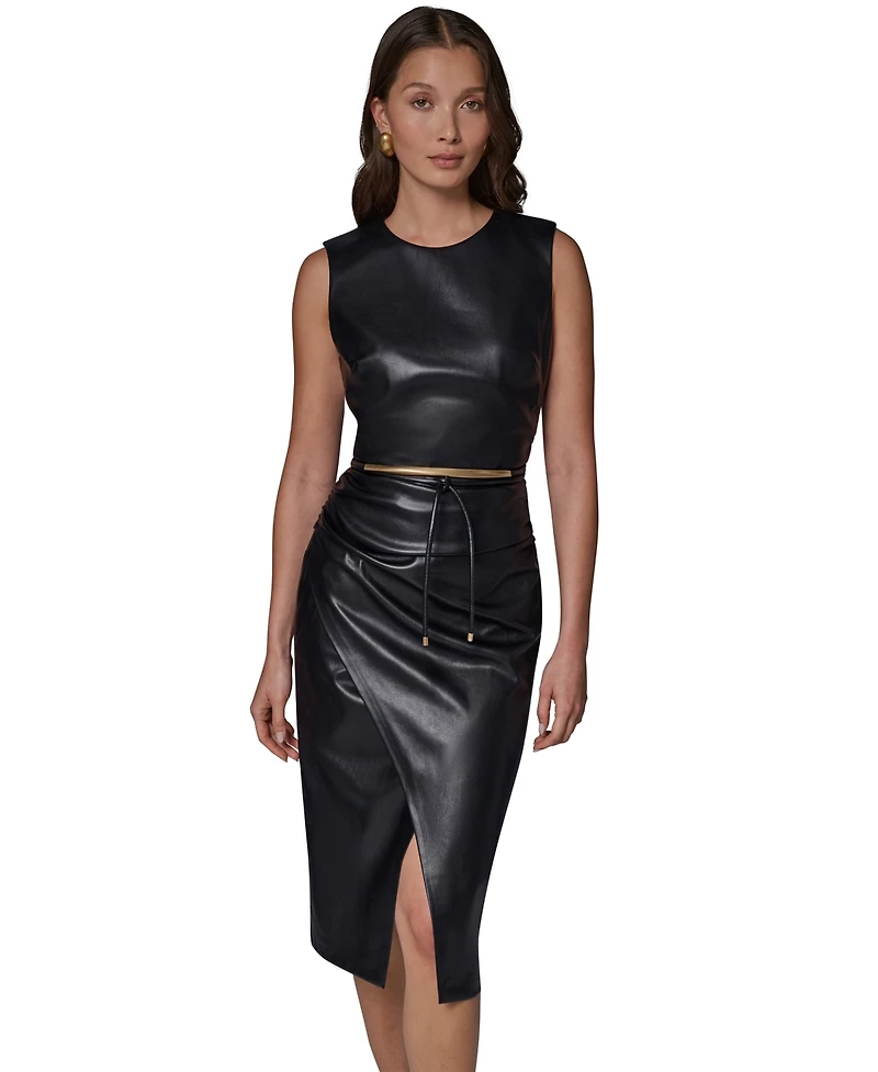 Sleeveless Faux Leather Side-Ruched Midi Dress with Lariat Belt