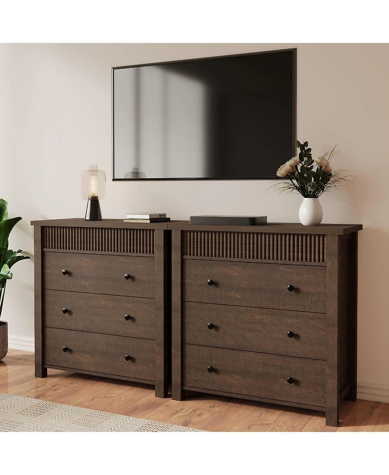 3-Drawer Fluted Nightstand Dresser, Wooden Storage Chest with Anti-Tip Kit for Bedroom, Living Room & Hallway