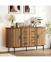homfan 59 Inch Modern Fluted Sideboard Dresser, Buffet Cabinet with 6 Drawers, 2 Door Cabinets and Built-in Shelves for Home Storage