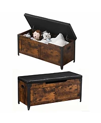 homfan 39.4 Inch Lift Top Storage Bench, Set of 2 Load Capacity Wooden Storage Chest with Cushion Seat, Safety Hinges, Storage Trunk with Metal Frame