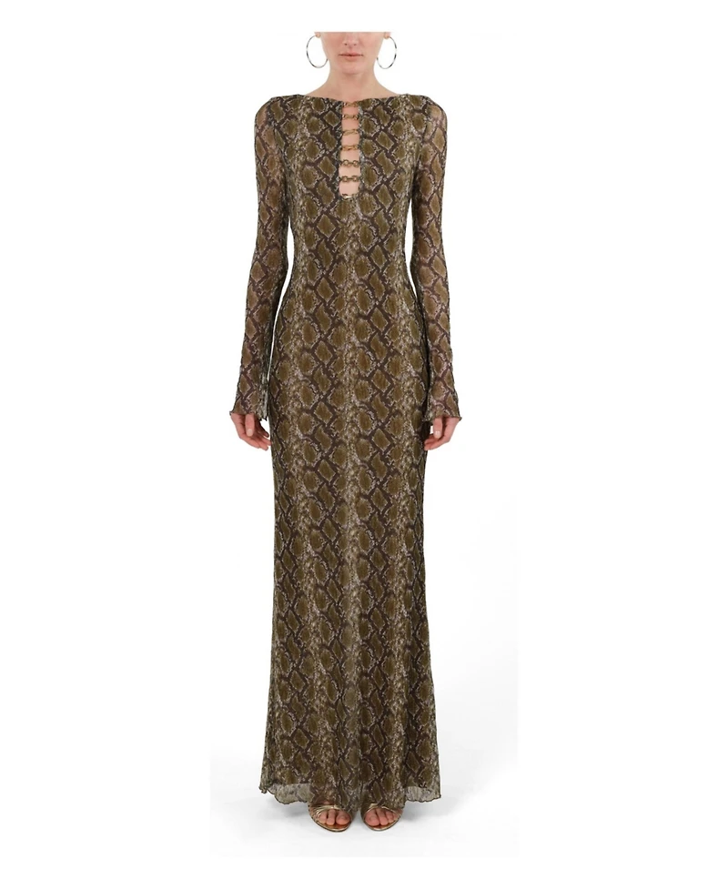Nocturne Women's Snake Print Ring Detail Long Sleeve Maxi Dress