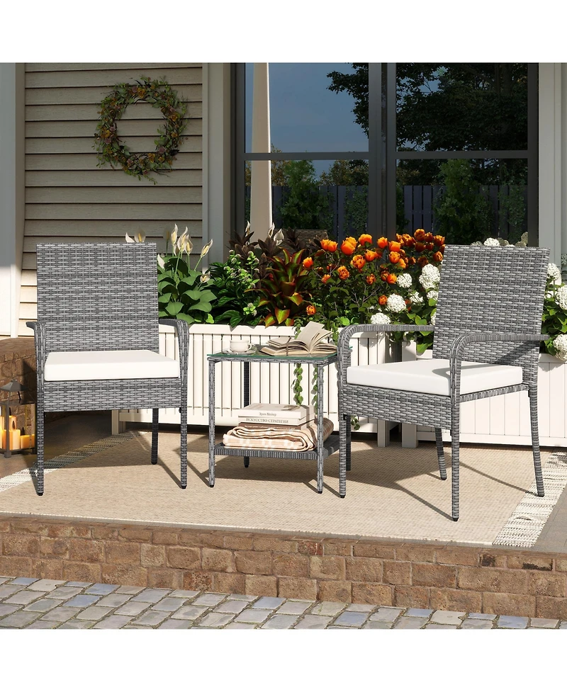 Sugift 3 Piece Patio Furniture Set with Seat Cushions and Tempered Glass Tabletop for Balcony