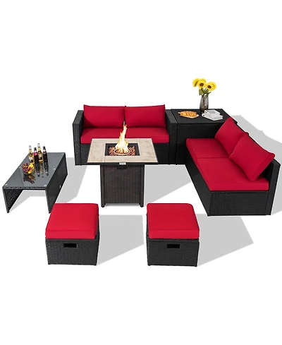 Sugift 9-Piece Pe Rattan Sectional Sofa Set with 42 in Gas Fire Pit Table
