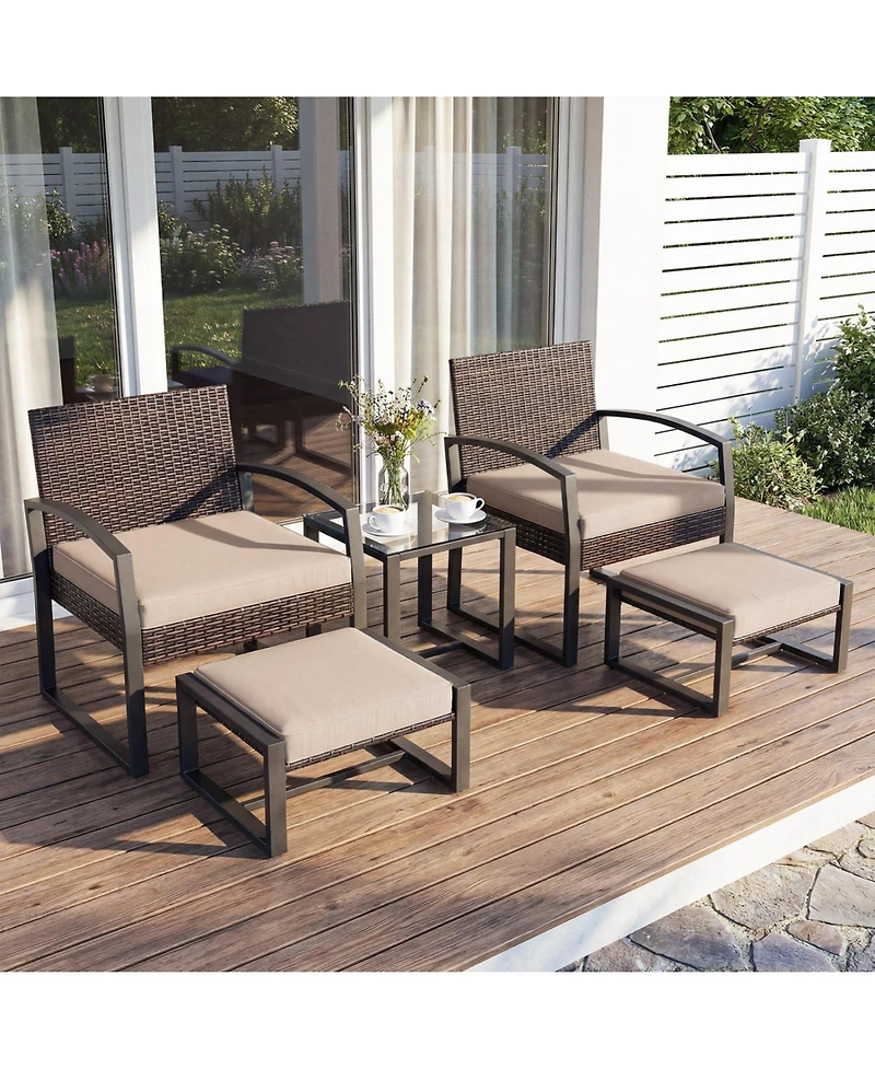 Sugift 5-Piece Patio Conversation Set with 2 Armchairs 2 Ottomans and Tempered Glass Side Table