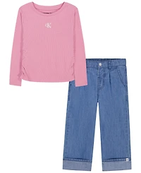 Calvin Klein Toddler Girls' 2T-6X Monogram Ribbed Long-Sleeve Top and Wide-Leg Denim Pants, 2-Piece Set