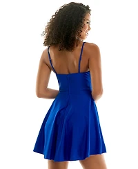 City Studios Juniors' Satin Sweetheart Rhinestone Trim Neckline Fit & Flare Dress
