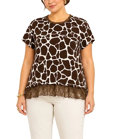 Coin 1804 Plus giraffe Print Lace Pleat Back Top