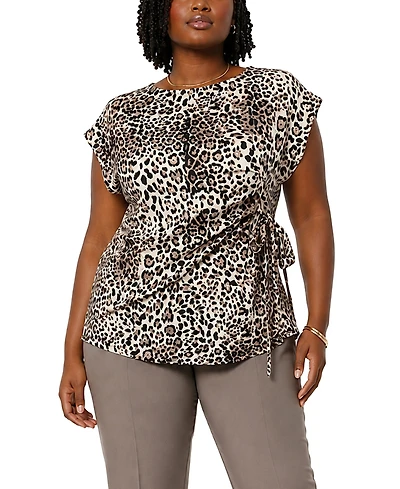 Coin 1804 Plus Leopard Print Pleat and Side Tie Top