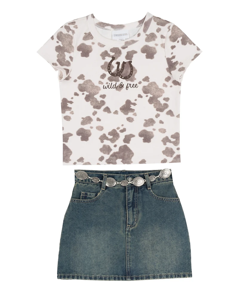 Tween Diva Girls' 7-12 Cow Printed Graphic T-Shirt and Denim Skort, 2-Piece Set