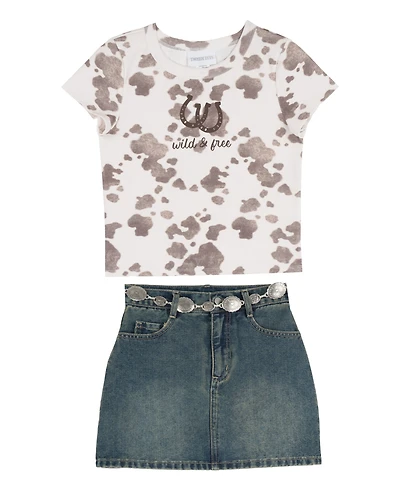 Tween Diva Girls' 7-12 Cow Printed Graphic T-Shirt and Denim Skort, 2-Piece Set