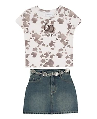 Tween Diva Girls' 7-12 Cow Printed Graphic T-Shirt and Denim Skort, 2-Piece Set