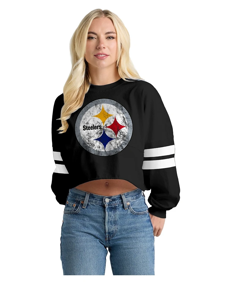 Spirit Jersey Women's Black Pittsburgh Steelers Oversized Cropped Stripe Long Sleeve T-Shirt