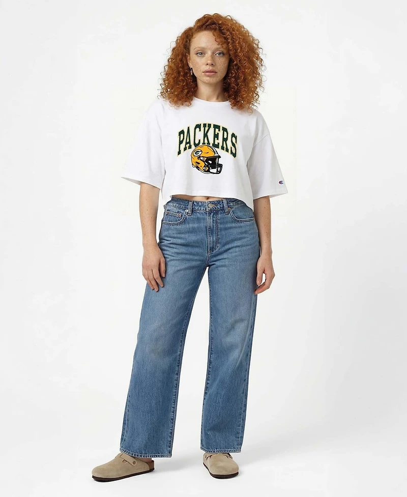 Champion Women's White Green Bay Packers Boyfriend Cropped T-Shirt