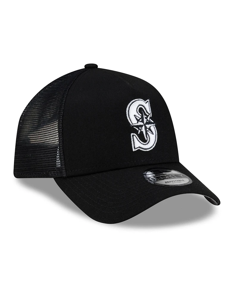 New Era Men's Black Seattle Mariners Side Script 9FORTY A-Frame Trucker Adjustable Hat