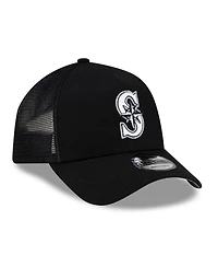 New Era Men's Black Seattle Mariners Side Script 9FORTY A-Frame Trucker Adjustable Hat