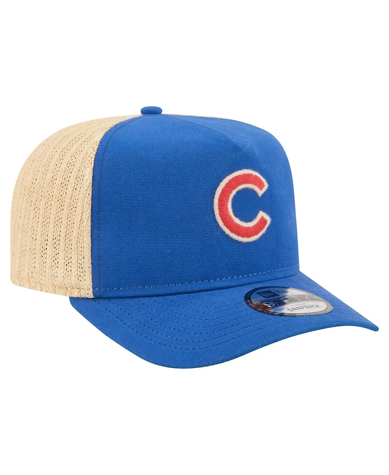 New Era Men's Royal, Natural Chicago Cubs Grained 9FIFTY A-Frame Trucker Adjustable Hat