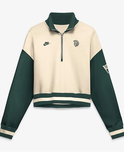 Nike Women's Natural, Green Michigan State Spartans Oversized Legacy Color Block Cropped Quarter-Zip Pullover