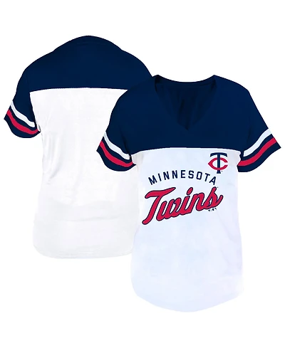 Fanatics Women's Profile White, Navy Minnesota Twins Plus Two-Stripe V-Neck T-Shirt