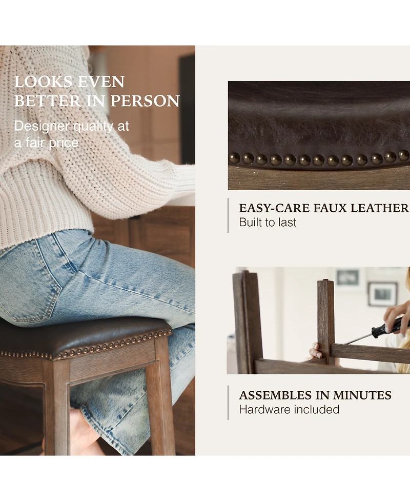 Maven Lane Adrien Saddle Counter Stool Reclaimed Oak Finish w/ Ash Grey Fabric Upholstery