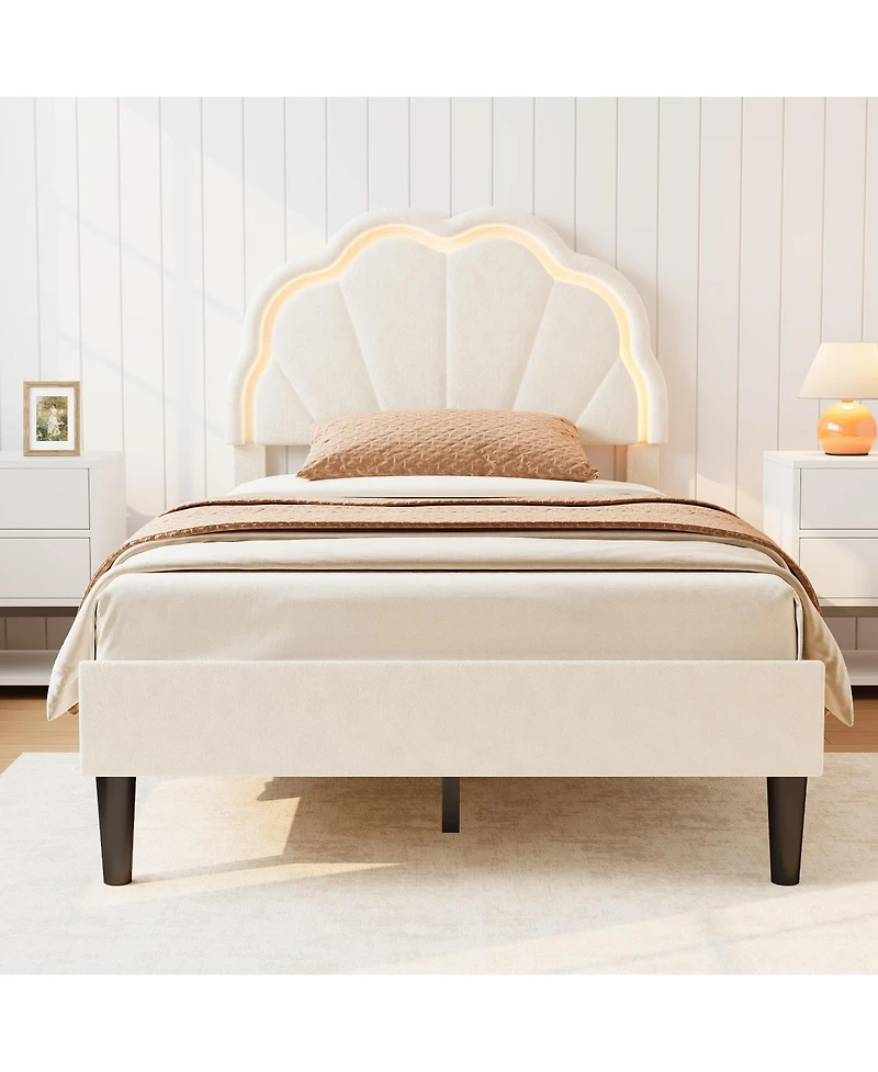 homfan Twin Bed Frame – Velvet Platform Bed with Adjustable Seashell Headboard and Led Light, Under Bed Storage, No Box Spring Needed