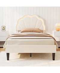 homfan Twin Bed Frame – Velvet Platform Bed with Adjustable Seashell Headboard and Led Light, Under Bed Storage, No Box Spring Needed