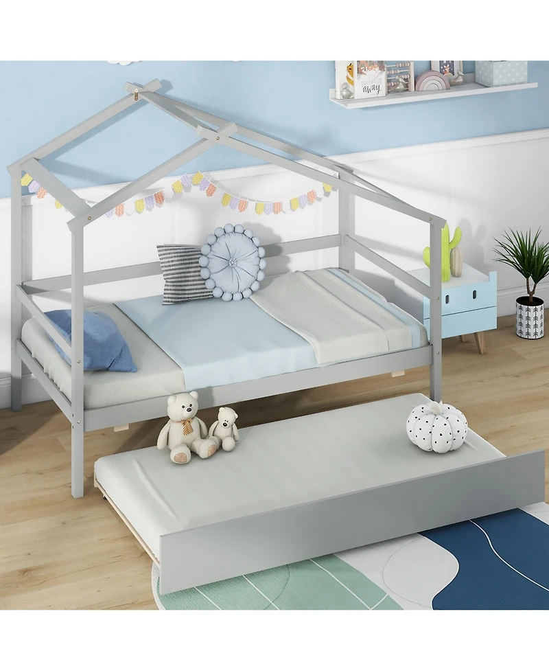 Gymax Twin House Bed With Trundle Roof and Fence Rails Wooden Platform Frame