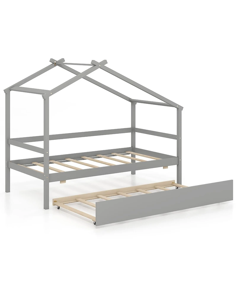 Gymax Twin House Bed With Trundle Roof and Fence Rails Wooden Platform Frame