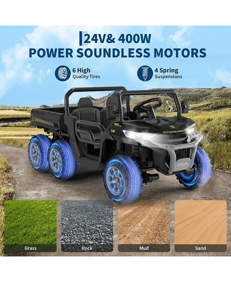 homfan 24V 2 Seater 4WD 6 Wheel Electric Ride On Dump Truck – Utv Car with Remote Control, Bed, Led Lights, MP3, Safety Belt