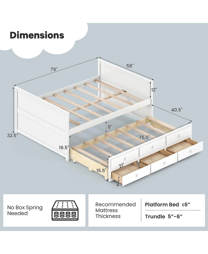Gymax Full Size Bed Frame With Twin Trundle and 3 Storage Drawers With Headboard Footboard