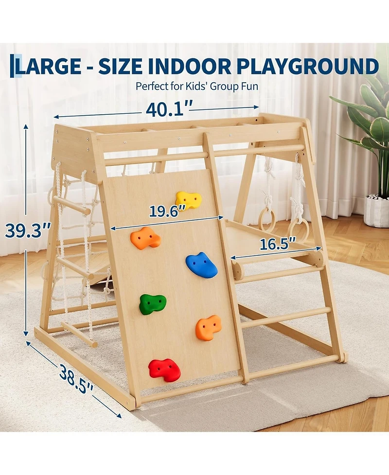 homfan 6 in 1 Wooden Indoor Jungle Gym, Wood Climbing Playset with Slide and Monkey Bars for Kids Ages 1 to 8
