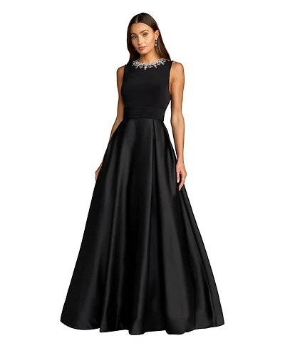 Mac Duggal Petite Pearl-Embellished High-Neck Sleeveless A-Line Evening Gown