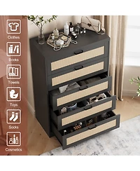 homfan Modern Rattan Hallway Storage Cabinet with 5 Drawers and Power Outlets, Wooden Entryway Chest Metal Handles, Organizer for Bedroom