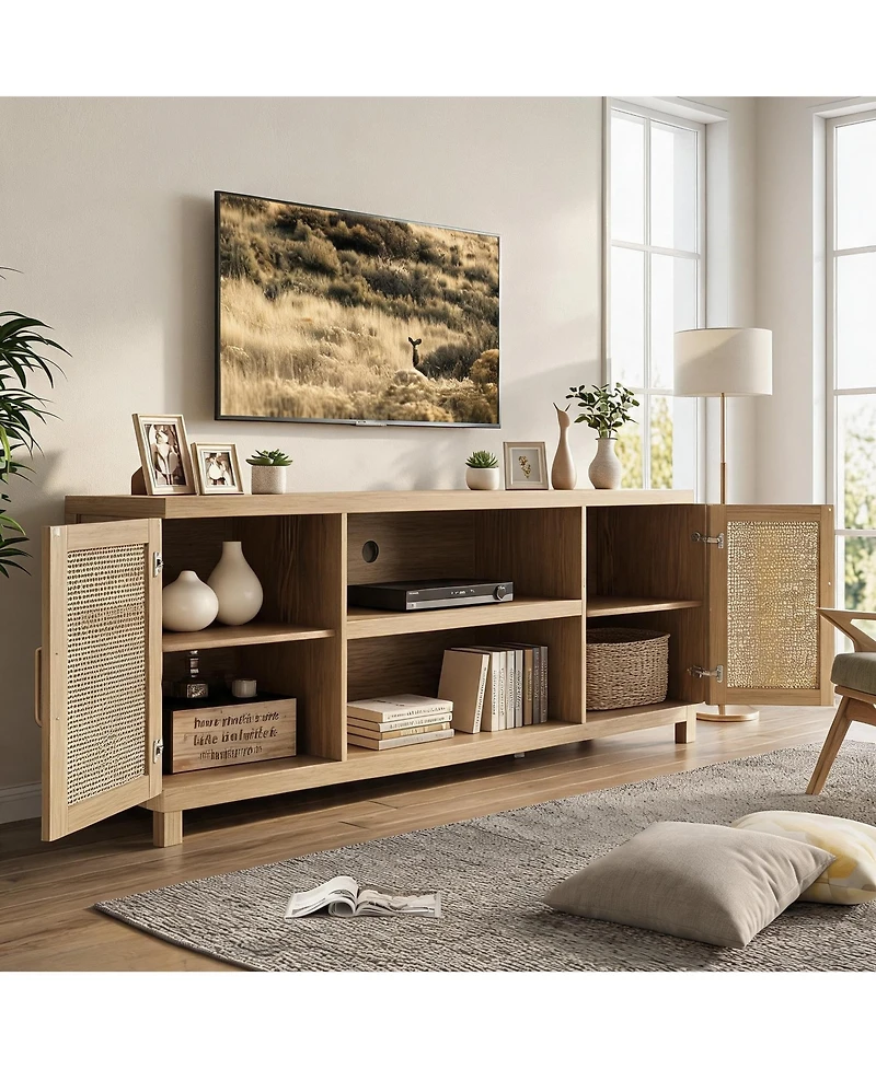 homfan Rattan Tv Stand, 66 Inch Boho Entertainment Center with Cabinets and Open Shelves, Wood Media Console with Adjustable Shelves