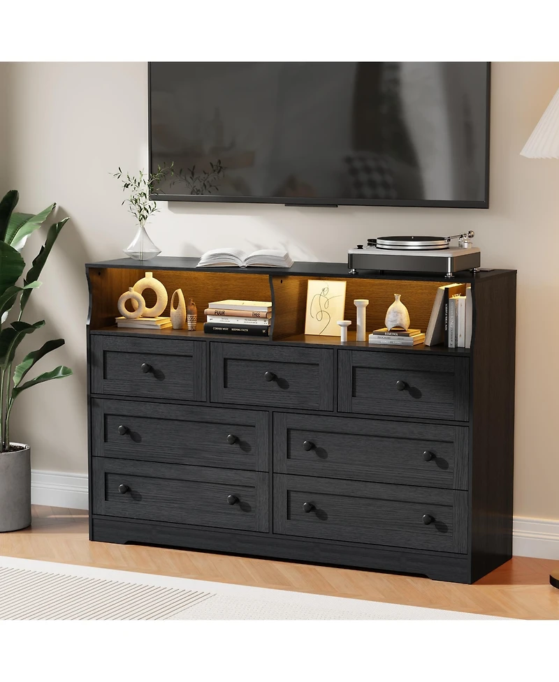 homfan 7-Drawer Wooden Dresser with Usb Charging Station and Led Lights, Modern Chest 2 Open Cubbies for Bedroom, Living Room