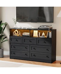 homfan 7-Drawer Wooden Dresser with Usb Charging Station and Led Lights, Modern Chest 2 Open Cubbies for Bedroom, Living Room